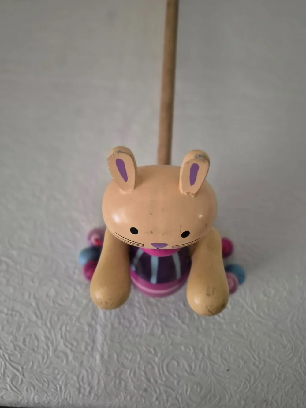 Wooden Rabbit Easter Bunny Kids Toddler Push Pull Clacker Toy Purple Pink